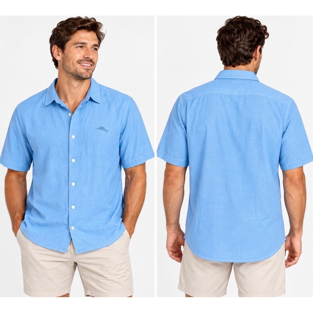 Tommy Bahama XXL Light Blue Short Sleeve Button Up Shirt 100% Cotton Logo